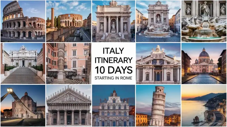 a collage of different buildings with text Italy Itinerary 10 Days Starting in Rome