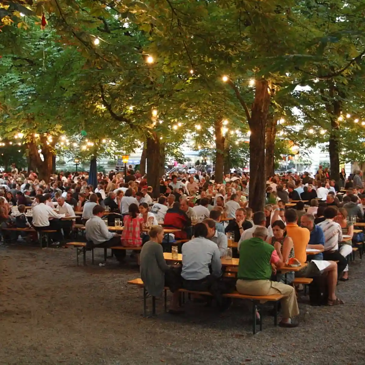 Munich beer garden family seating shaded