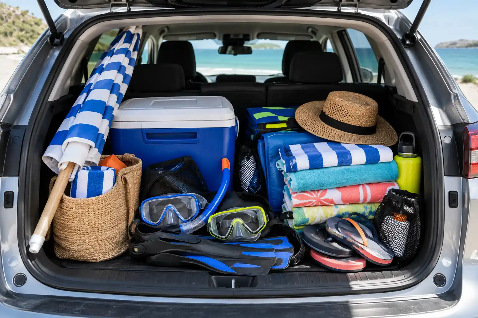Rental car trunk packed with beach umbrella