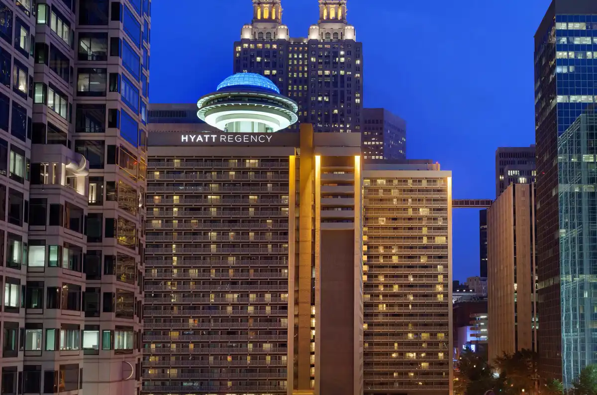 Hyatt Regency Atlanta, a landmark downtown hotel featuring a 22-story atrium, signature blue dome, and the revolving Polaris restaurant.