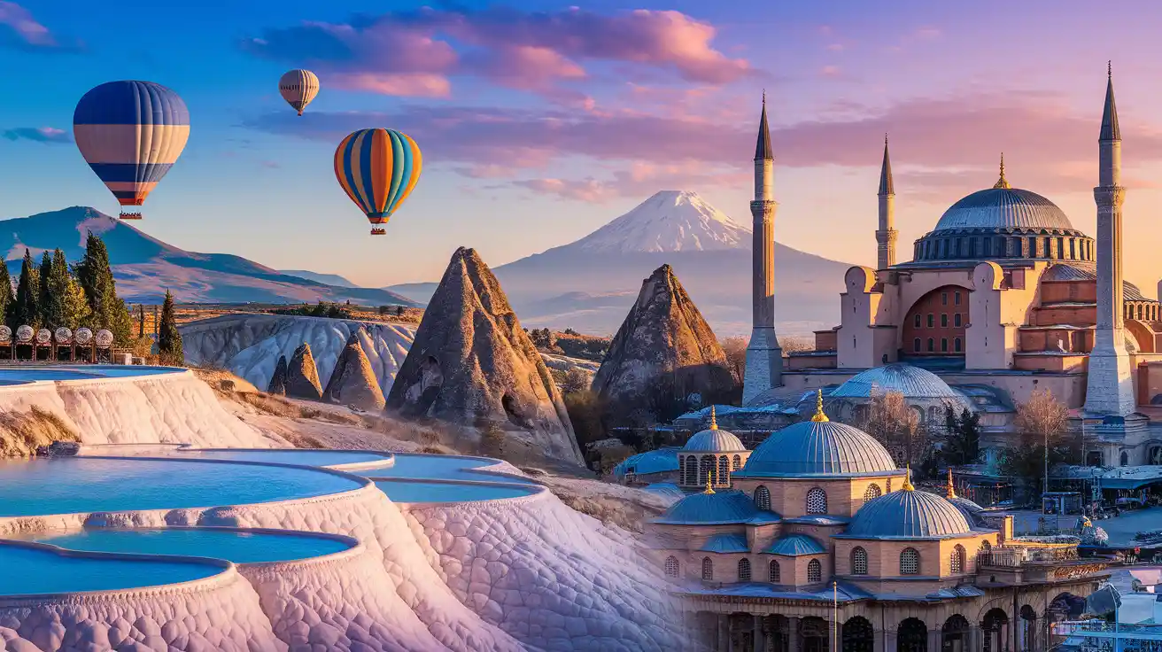 A surreal landscape combining Pamukkales terraces, Cappadocias fairy chimneys with hot air balloons, Mount Erciyes, and iconic Istanbul landmarks under a colorful sky.