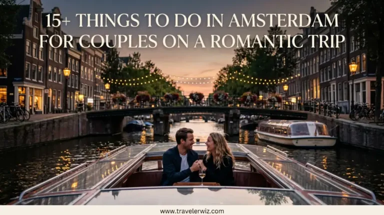 Romantic canal boat ride in Amsterdam at sunset with couple enjoying drinks under glowing lights and historic bridges in the background with writing on the image ""12+ things to do in Amsterdam for couples on a romantic trip"