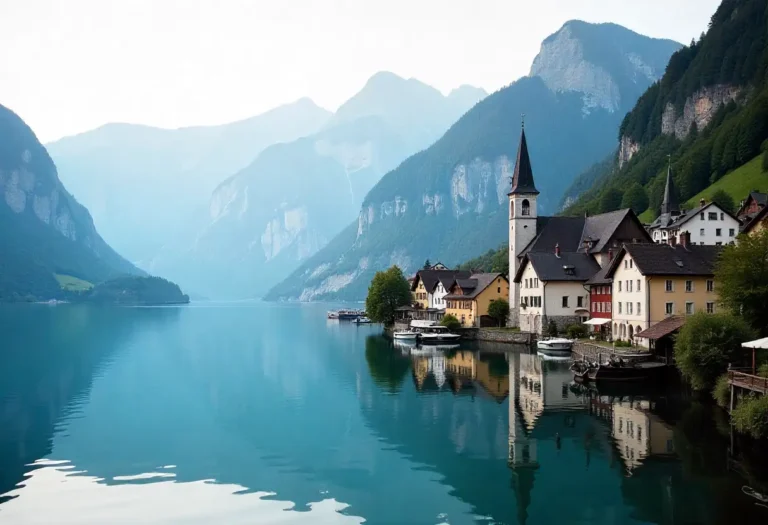 Hallstatt lakeside village at dawn with soft early morning colors, clear Lake Hallstatt reflections, church tower, alpine houses, mountain backdrop, no crowds, clean white title text at top: How to Experience Hallstatt Austria in One Day (Crowd-Free Guide), simple modern font, strong readability, small clean footer www.travelerwiz.com, balanced layout, bright natural realistic look