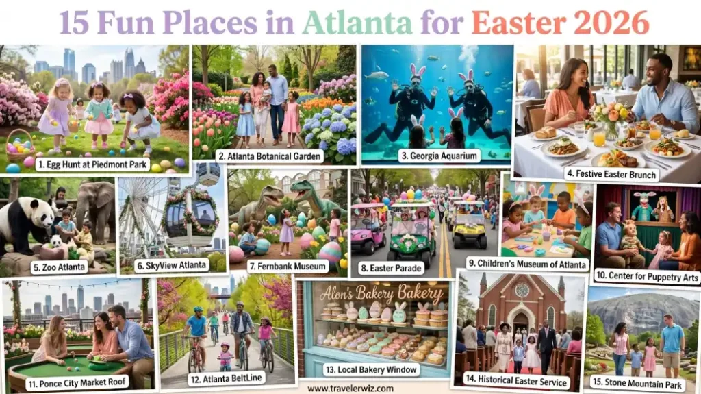 A colorful collage titled “15 Fun Places in Atlanta for Easter 2026” featuring multiple family-friendly activities and locations. Images include children participating in an egg hunt at Piedmont Park, families visiting the Atlanta Botanical Garden, divers in bunny ears at Georgia Aquarium, couples enjoying Easter brunch, Zoo Atlanta animals, SkyView Atlanta Ferris wheel, Fernbank Museum dinosaurs, an Easter parade, children’s museum activities, puppet shows, Ponce City Market rooftop, biking on the Atlanta BeltLine, a bakery display, a church Easter service, and Stone Mountain Park.