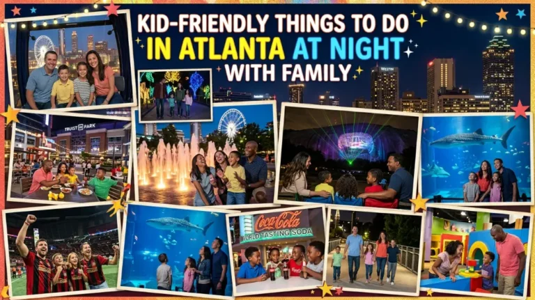 A colorful collage titled “Kid-Friendly Things to Do in Atlanta at Night with Family,” showing families enjoying attractions like fountains, aquariums, stadium events, and illuminated parks.