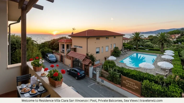 A coastal villa with a swimming pool and palm trees overlooks the sea at sunset, with a breakfast setup on a balcony featuring coffee, pastries, and flowers.