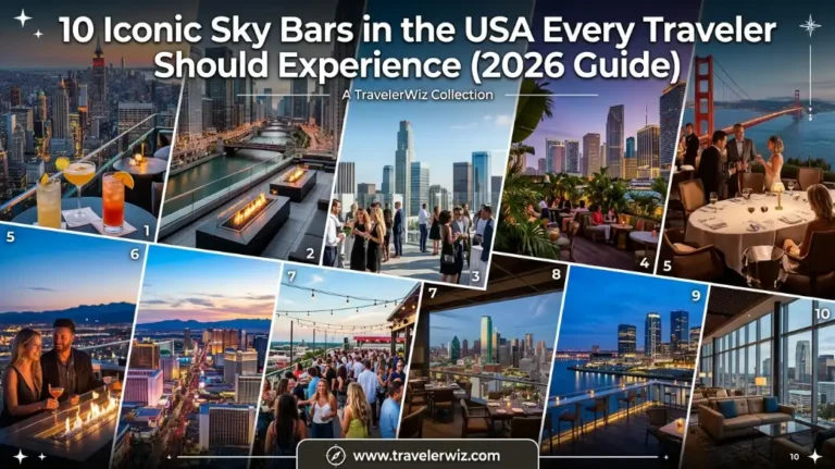 collage of famous rooftop and sky bars in the USA with city skyline views including New York, Chicago, Miami, San Francisco, and Las Vegas in the 2026 guide