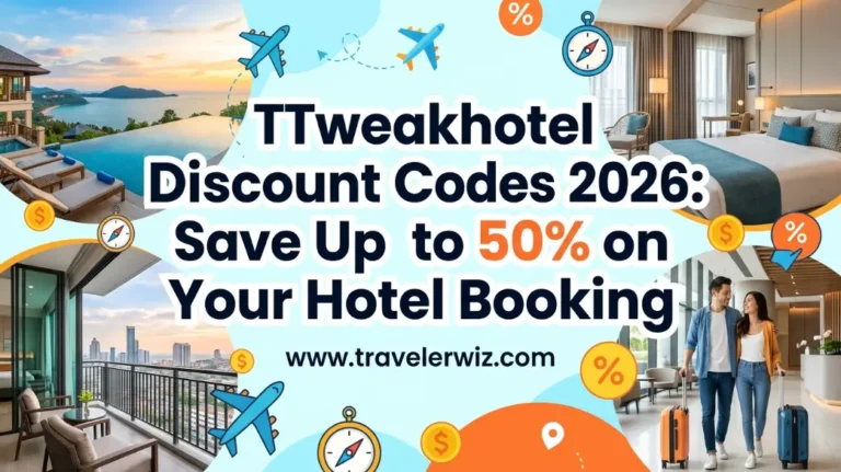 TTweakhotel discount codes 2026 promotional graphic showing travelers saving up to 50 percent on hotel stays