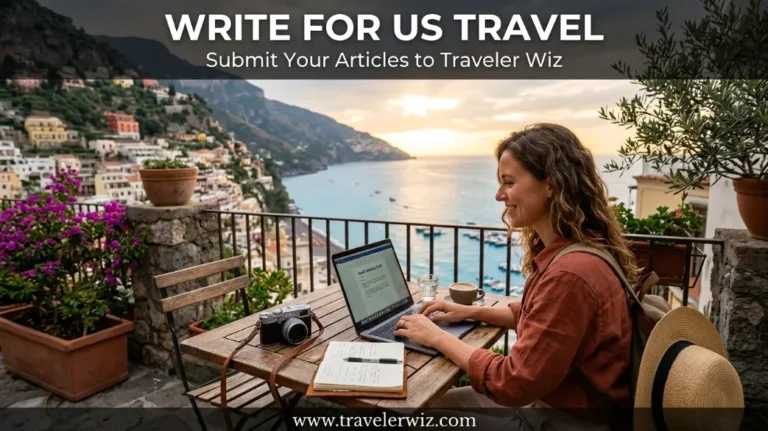 Alt text: A young female travel writer sits at a wooden table on a scenic terrace overlooking a coastal town and calm blue sea at sunset. She is smiling while typing on a laptop, with a notebook, pen, camera, and coffee cup placed beside her. The background shows colorful hillside buildings, boats in the water, and lush greenery with potted plants and flowers around the terrace. A wide banner across the top reads “WRITE FOR US TRAVEL – Submit Your Articles to Traveler Wiz,” and the website URL “[www.travelerwiz.com”](http://www.travelerwiz.com”) appears at the bottom.