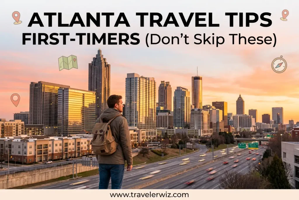 Atlanta skyline sunset with traveler and backpack, text about travel tips for first-time visitors