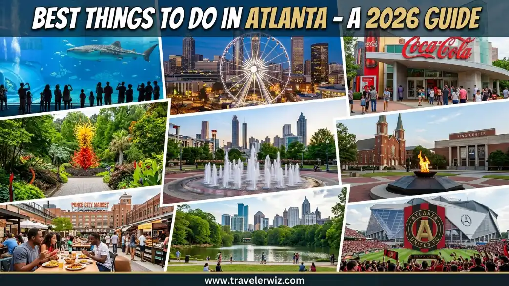 A collage featuring Atlanta attractions: aquarium, skyline, Ferris wheel, Coca-Cola museum, botanical garden, fountain, historic church, Olympic flame, outdoor dining, and a soccer stadium; title reads Best Things to Do in Atlanta - A 2026 Guide.