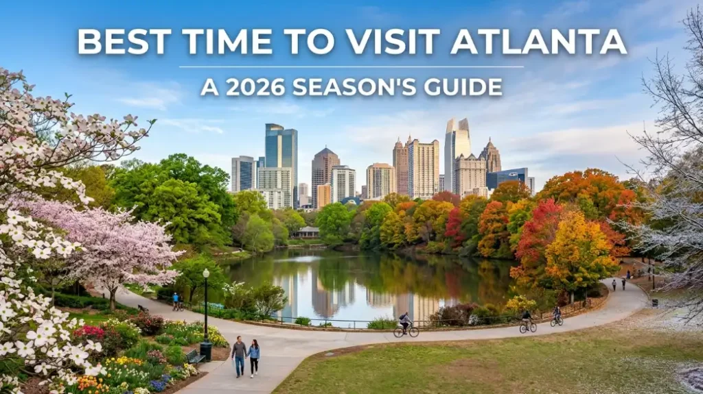Atlanta skyline with park, lake, and seasonal trees under clear sky, featured in best time to visit Atlanta travel guide image
