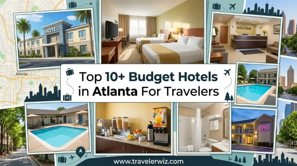 Top 10 budget hotels in Atlanta collage with hotel rooms, pools, and amenities for travelers