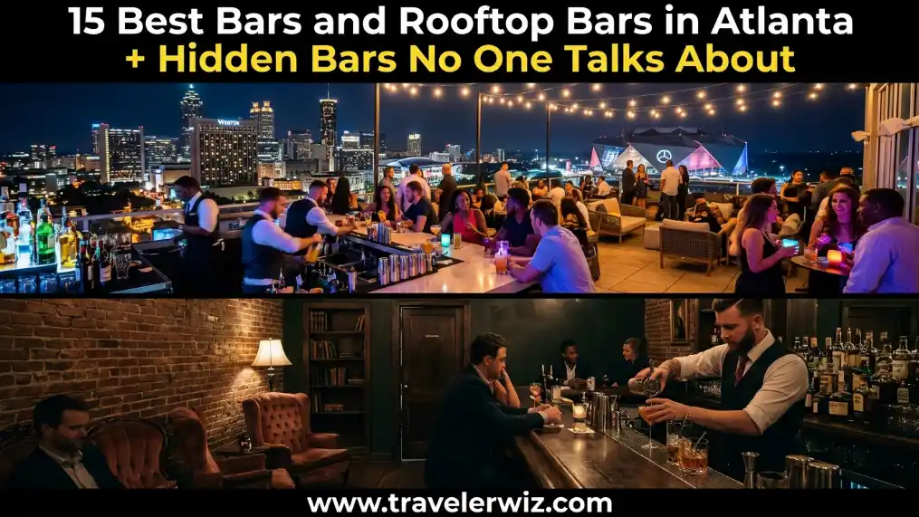 Split image: The top half shows a lively rooftop bar overlooking the Atlanta skyline at night; the bottom half shows a cozy, dimly lit bar with exposed brick walls and people being served drinks by a bartender.