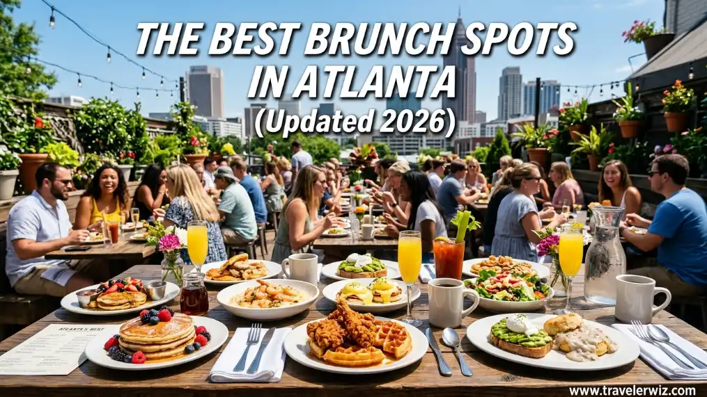 A lively outdoor brunch scene with people dining at a rooftop restaurant in Atlanta. Plates of waffles, pancakes, eggs, fruit, and drinks fill the tables. City skyline is visible in the background. Text: The Best Brunch Spots in Atlanta (Updated 2026).