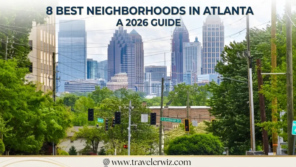 Atlanta city skyline with tall buildings in the background, seen from a tree-lined street with traffic lights and street signs; text reads 8 Best Neighborhoods in Atlanta: A 2026 Guide. Website www.travelerwiz.com at the bottom.