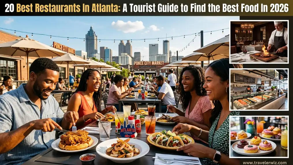 A group of friends enjoy diverse dishes at an outdoor restaurant in Atlanta with the city skyline in the background. Four inset images show chefs preparing food, sushi, a buffet, and a cozy dining area. Text highlights Best Restaurants In Atlanta.