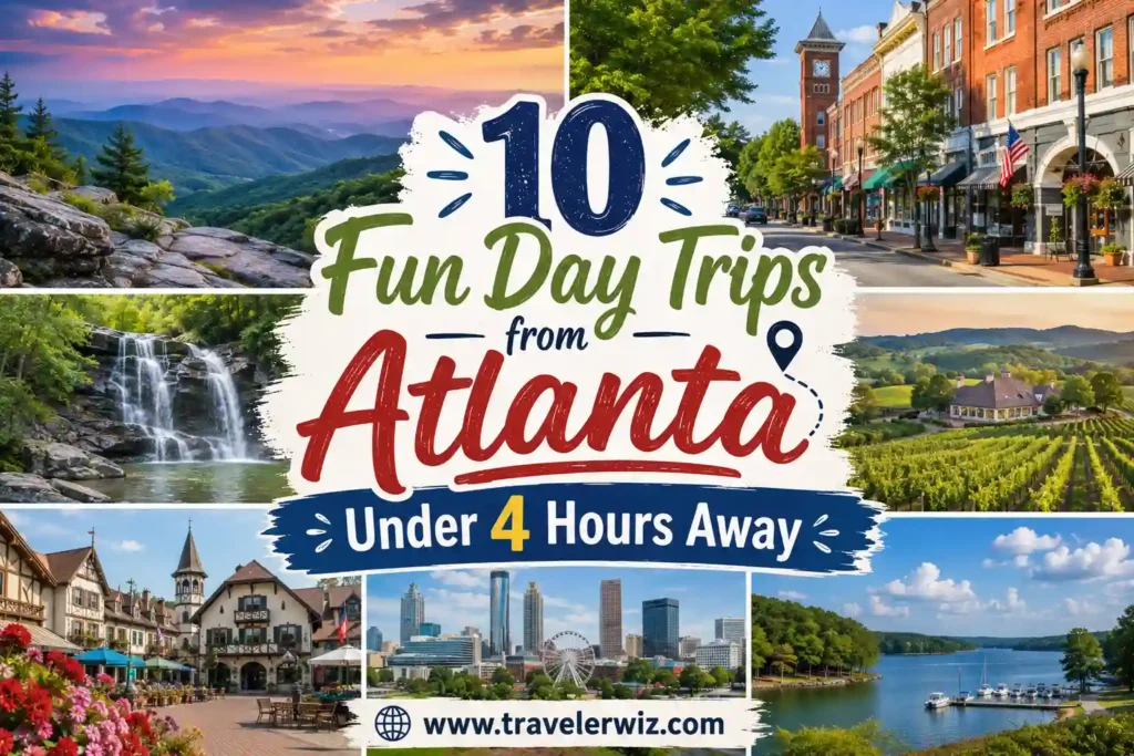 A collage of scenic locations with mountains, waterfalls, a lake, vineyards, a small town, and a city skyline. Text reads: “10 Fun Day Trips from Atlanta Under 4 Hours Away. www.travelerwiz.com.”.