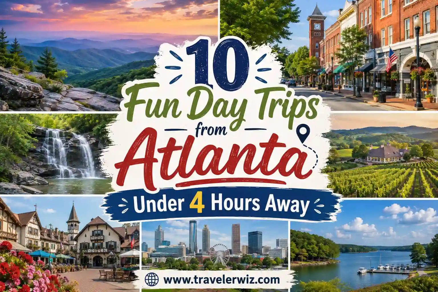 A collage of scenic locations with mountains, waterfalls, a lake, vineyards, a small town, and a city skyline. Text reads: “10 Fun Day Trips from Atlanta Under 4 Hours Away. www.travelerwiz.com.”.
