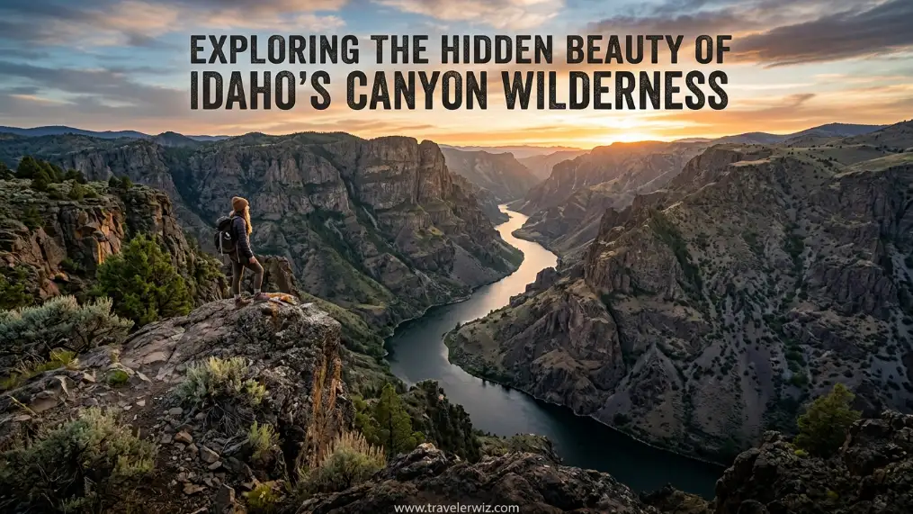 A hiker stands on a rocky cliff overlooking a winding river through dramatic canyons at sunset, with the text “Exploring the Hidden Beauty of Idahos Canyon Wilderness” over the scene.