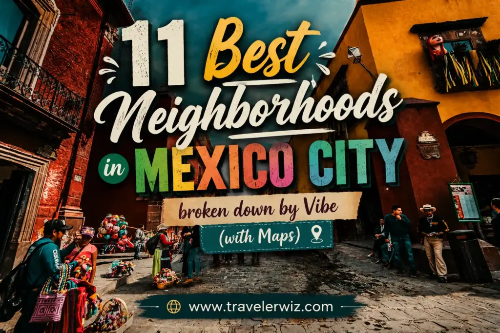 Colorful street scene in Mexico City with people and vibrant buildings; large text overlay reads: “11 Best Neighborhoods in Mexico City broken down by Vibe (with Maps)” and the website www.travelerwiz.com.