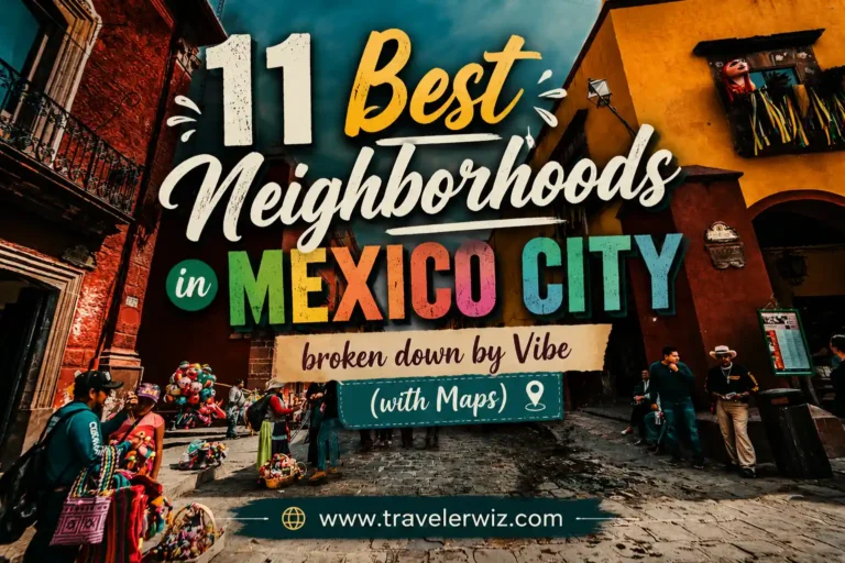 Colorful street scene in Mexico City with people and vibrant buildings; large text overlay reads: “11 Best Neighborhoods in Mexico City broken down by Vibe (with Maps)” and the website www.travelerwiz.com.