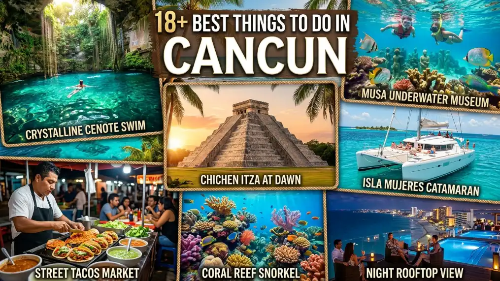 Collage of Cancun attractions: cenote swim, Chichen Itza at dawn, underwater museum, catamaran tour, street tacos market, coral reef snorkeling, and night rooftop view, with text 18+ Best Things to Do in Cancun.