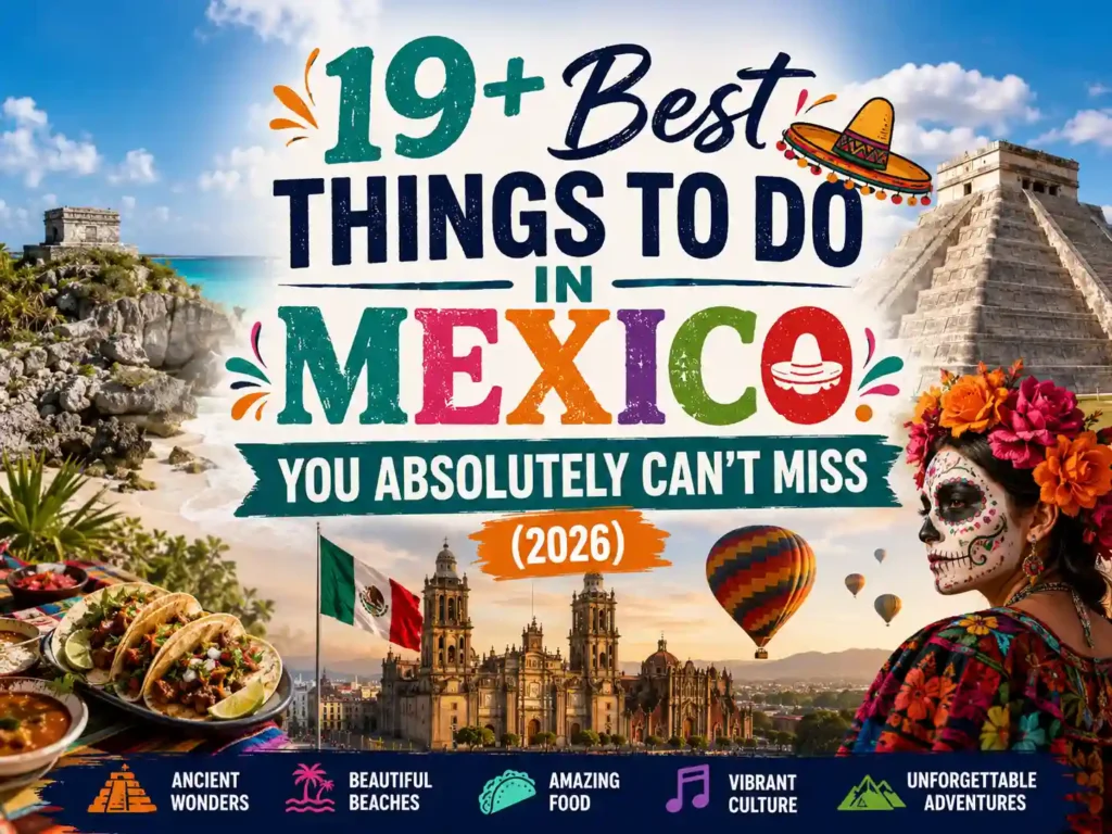 Colorful travel poster featuring “19+ Best Things to Do in Mexico You Absolutely Can’t Miss (2026),” with images of Mayan ruins, beaches, food, Mexico City, a Day of the Dead face, and festive icons at the bottom.