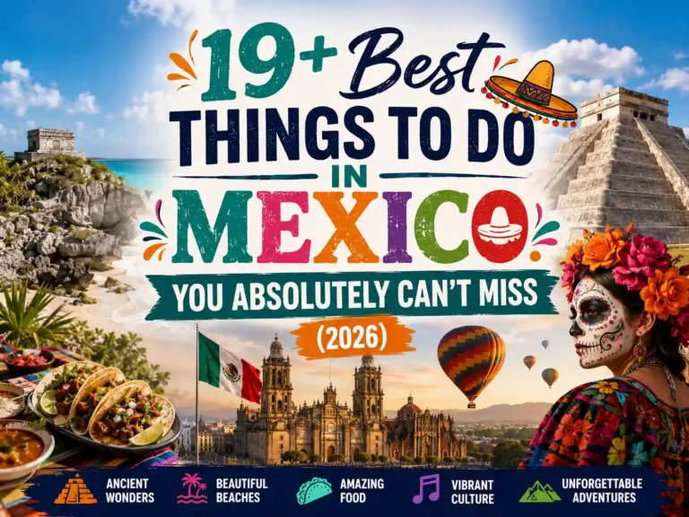 Colorful travel poster featuring “19+ Best Things to Do in Mexico You Absolutely Can’t Miss (2026),” with images of Mayan ruins, beaches, food, Mexico City, a Day of the Dead face, and festive icons at the bottom.