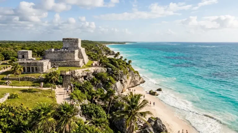Ancient Mayan ruins sit atop a cliff overlooking a white sandy beach and turquoise ocean, surrounded by lush greenery and palm trees under a partly cloudy sky. Tourists walk along the shoreline below. and this is one of the Best things to do in Tulum for tourists.