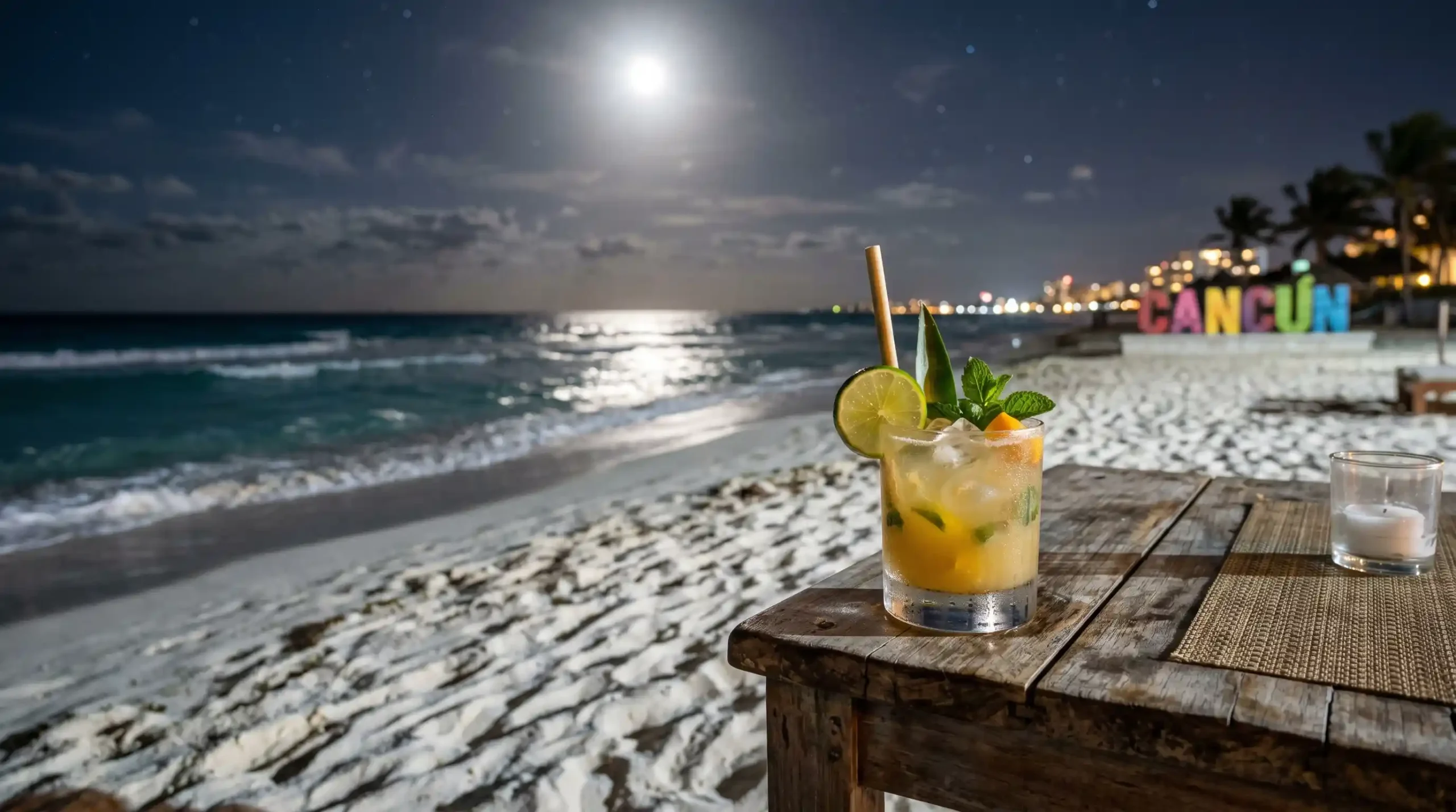 Have a drink in the moonlit views on Playa Delfines scaled