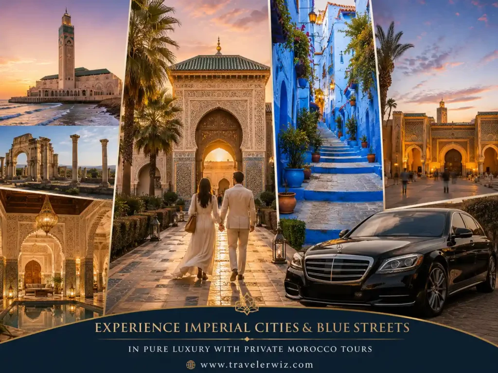 A collage of Morocco scenes: a mosque by water, ornate gateways, a blue-painted alley, a luxury car, and a couple walking hand-in-hand through a palace entrance at sunset. Text promotes luxury private Morocco tours.