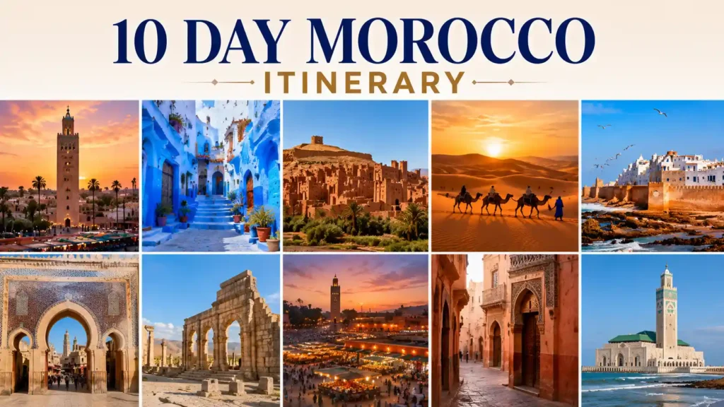 Collage of Morocco travel photos featuring cityscapes, historic ruins, blue-painted streets, camel riding in the desert, bustling markets, ancient mosques, and sunset views, under the title “10 Day Morocco Itinerary.”.